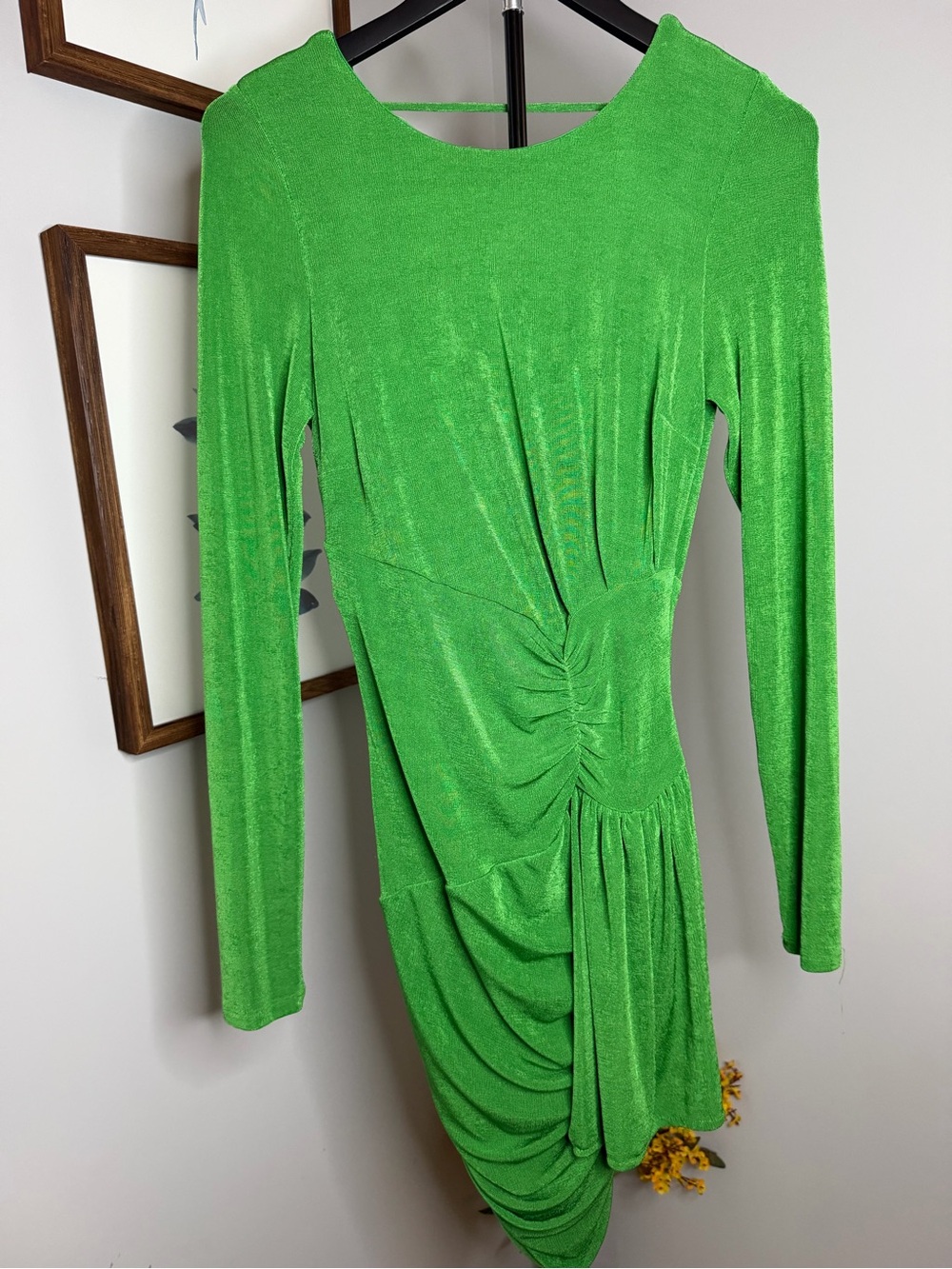 Fashion Nova Lime Green Long Sleeve Ruched Party Dress
